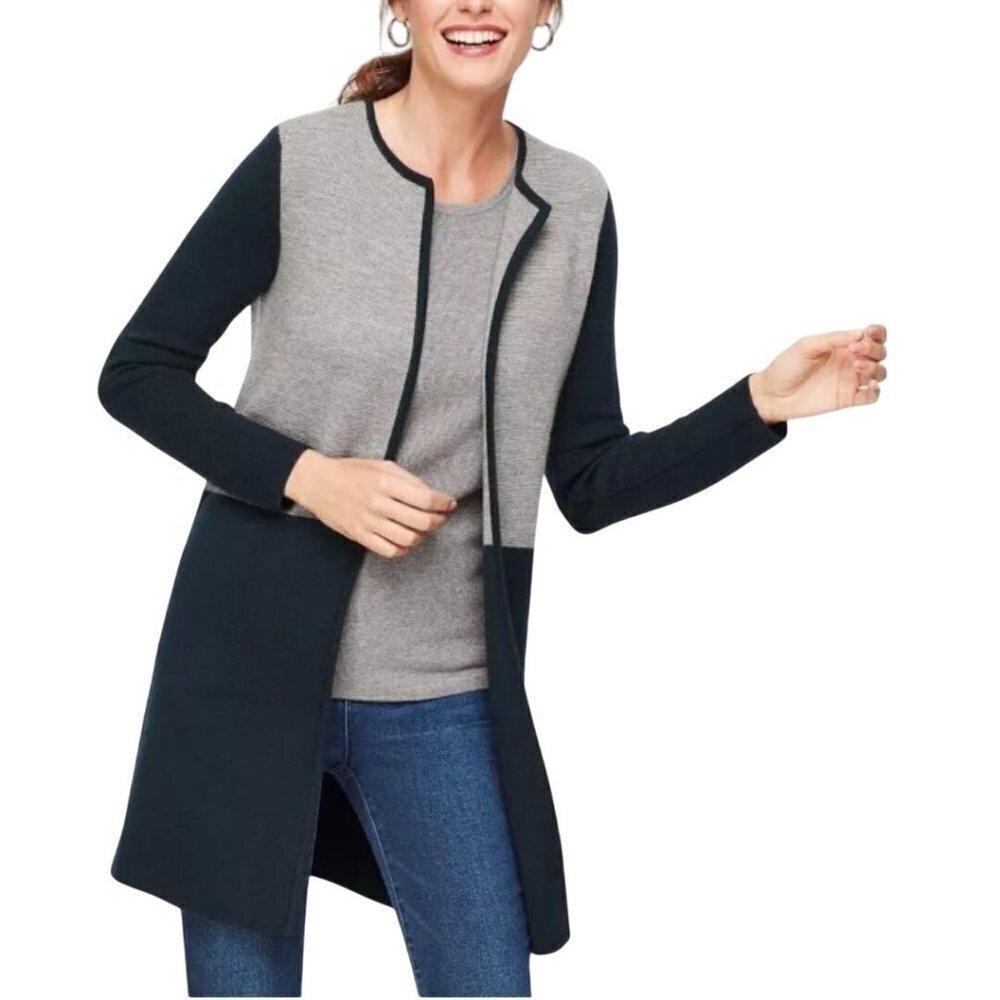 Talbots Merino Wool Color Block Long Line Open Front Cardigan Sweater Size L